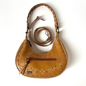 VTG Y2K LEI Embossed Tan Vegan Faux Leather Crossbody Hobo Shoulder Bag